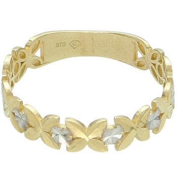 Złoty Pierścionek Damski 375 – Białe i Żółte Złoto, Motyw Kwiatów, Diamentowana Powierzchnia Au 375.jpg